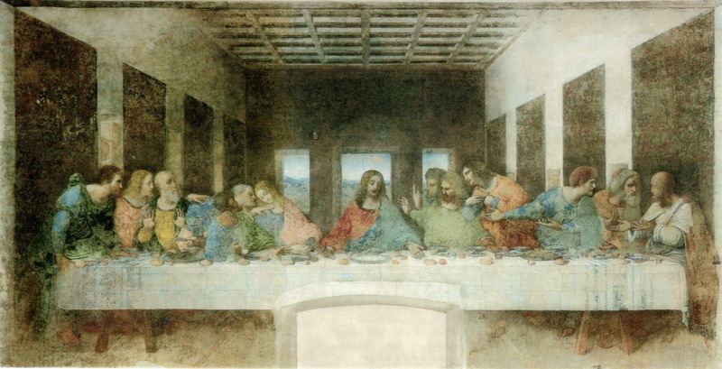 Leonardo: Il Cenacolo (L’ultima cena, assieme cm. 460 x 880), periodo 1495 – 97, Convento di S. Maria delle Grazie Milano.